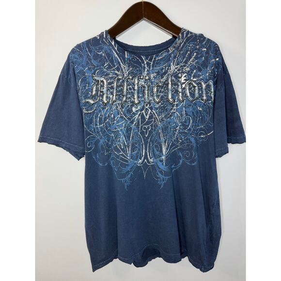 AFFLICTION Mens T Shirt Wings and Celtic Cross Blue Distressed Sz 2XL - Picture 1 of 7